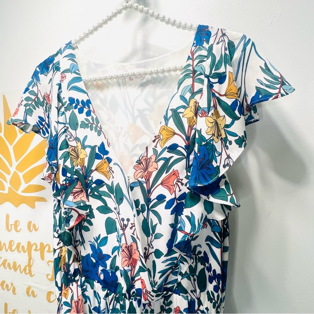 PARKER Blue Floral Lilly High Low Ruffle Dress Short Sleeve Flowy Dress Sz Small - Picture 5 of 15